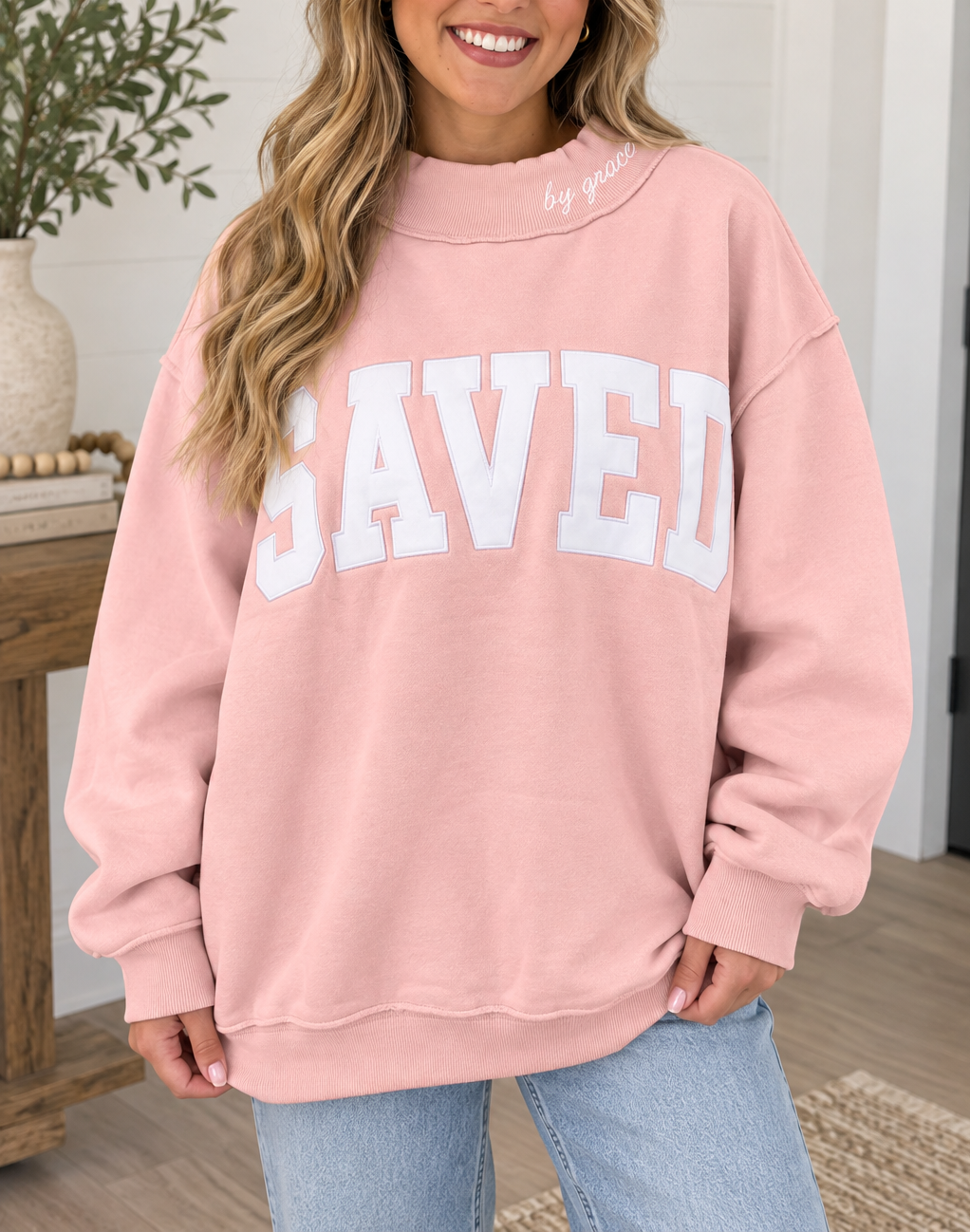Pink Saved By Grace Embroidered Sweatshirt
