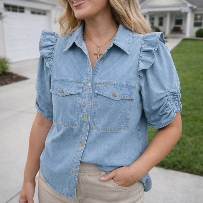 Ruffle Detail Button Denim Blouse