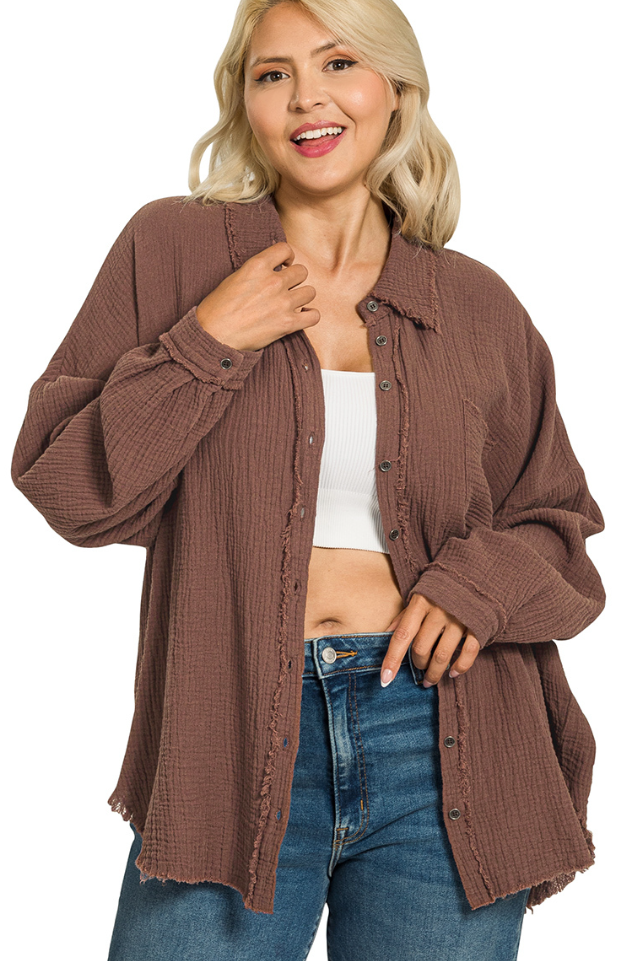 Black Plus Double Gauze Oversized Raw Edge Shirt