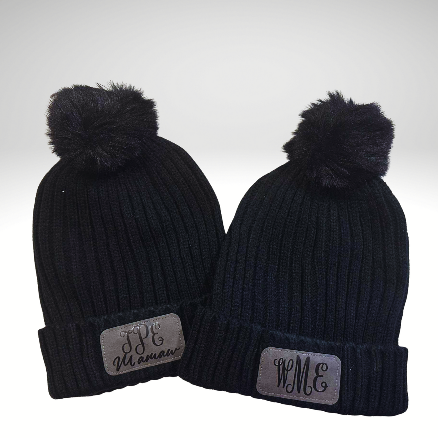 Monogrammed Pom Pom Toboggan : Black / Grey