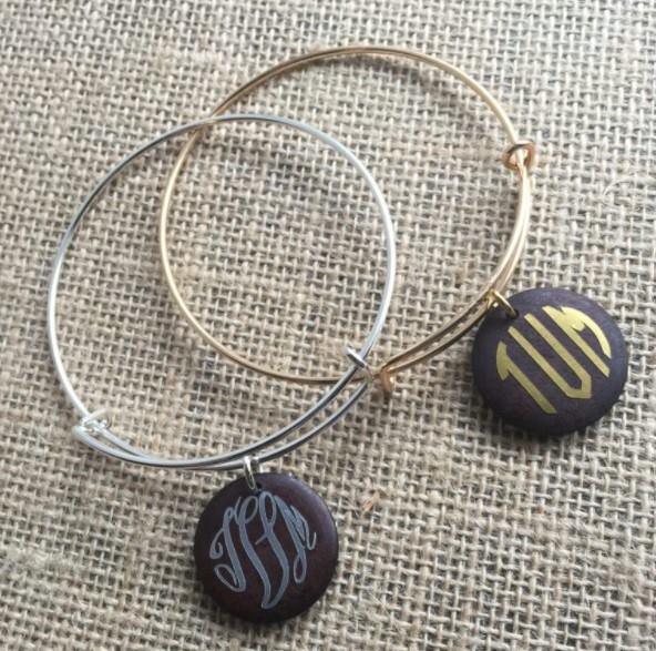 Monogrammed Silver Bracelet with Wooden Disc