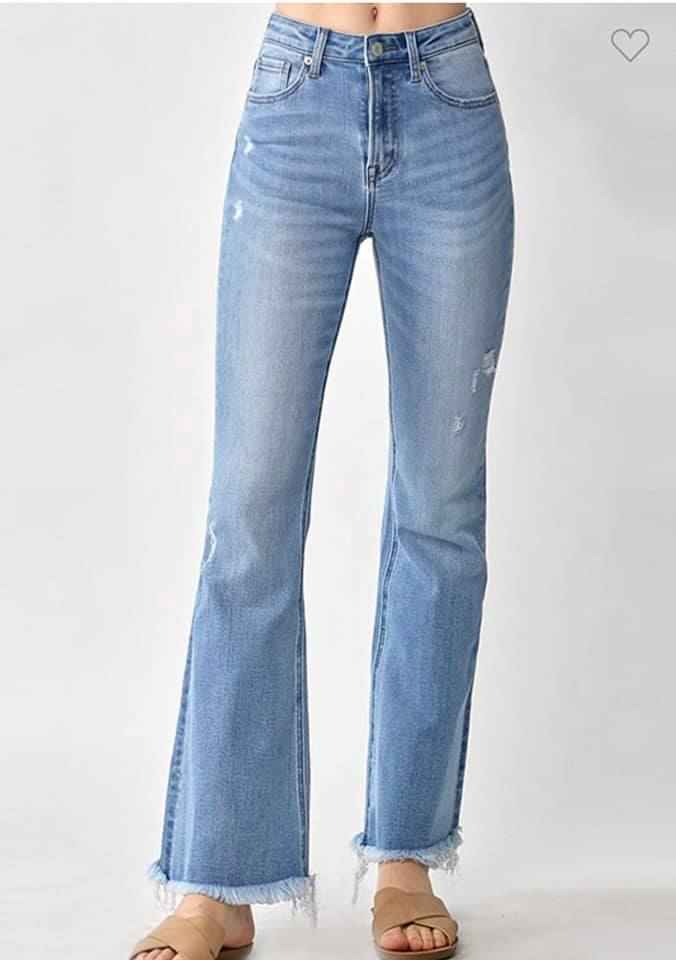 Risen High Rise Vintage Frayed Hem Flare Jeans