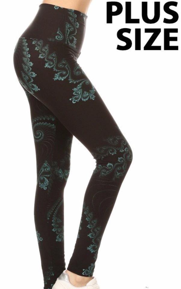 Teal and Black Swirl Yoga Band Plus Size Leggings - Babbling Brook