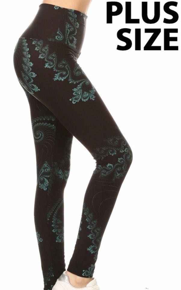 Teal and Black Swirl Yoga Band Leggings - Plus