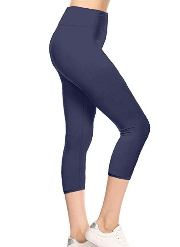 Navy Yoga Band Capri Length Leggings - Misses