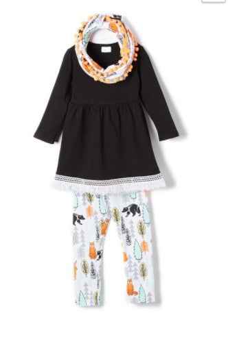 Toddler Black Woodland Set With Ruffle Top Leggings and Scarf