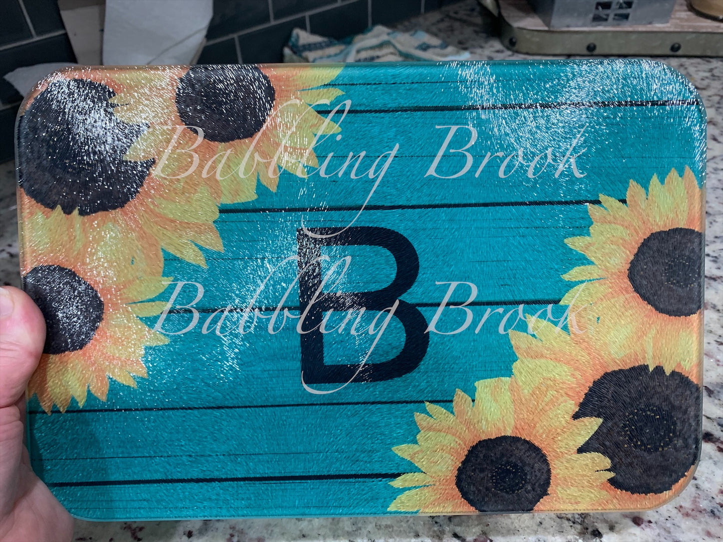 Custom: Monogrammed Sunflower Glass Cutting Board - Babbling Brook