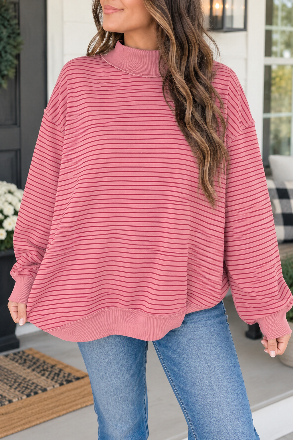 Pink Stripe Ribbed Oversized Sweatshirt