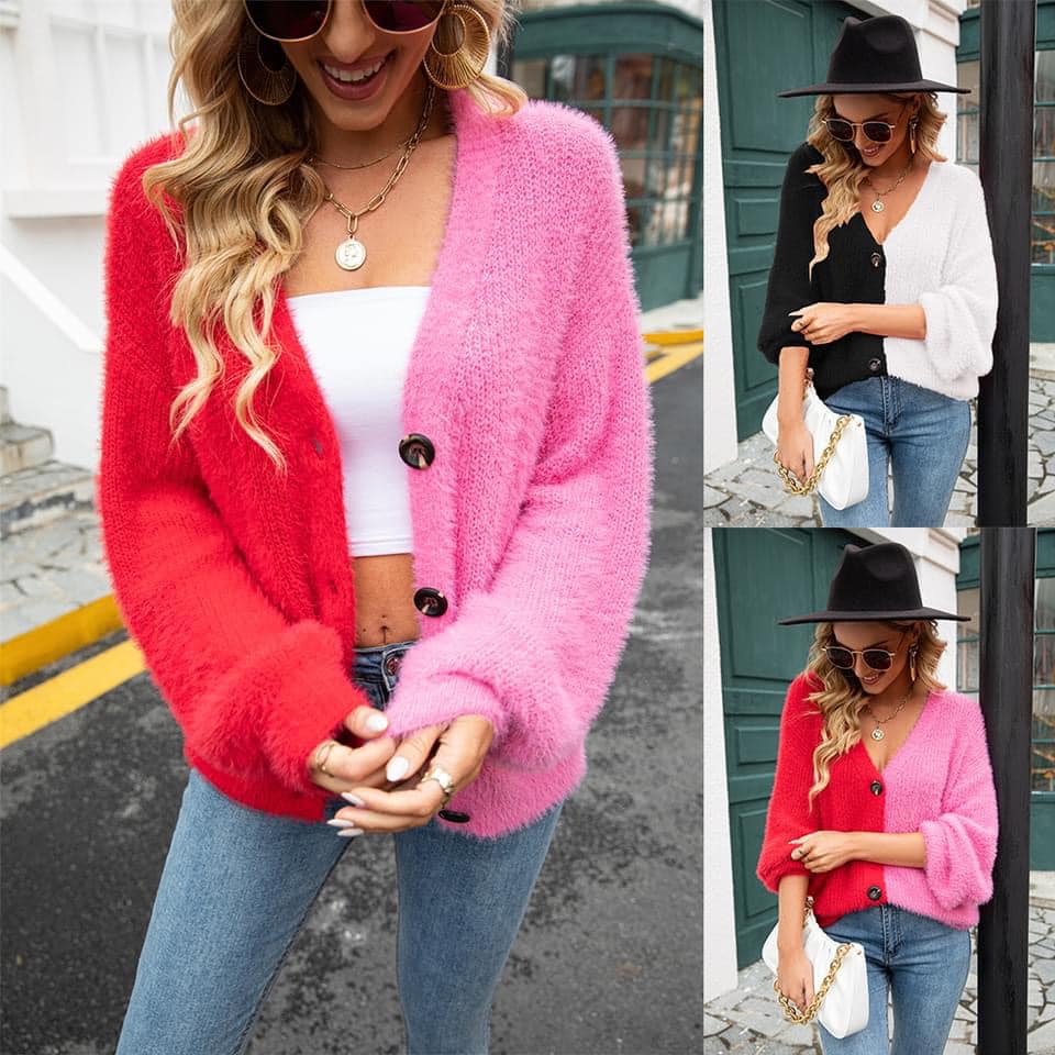 Two Toned Fuzzy Cardigan - Red/Pink