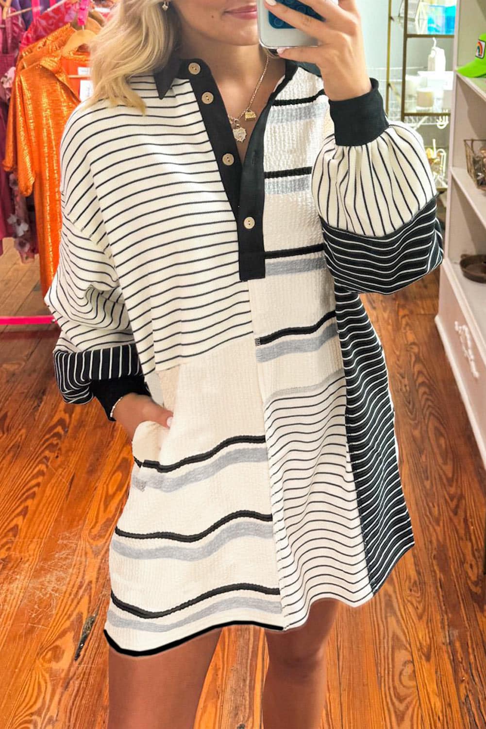 Black Stripe Colorblock Henley Mini Dress