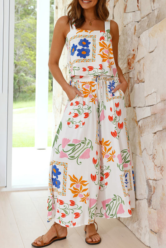 Pre-Order: White Square Neck Tank and Wide Leg Pants Set