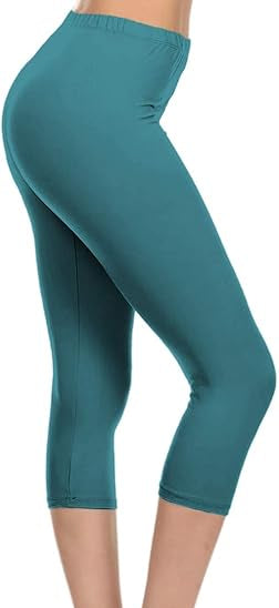 Teal capri leggings worn by a person on a white background