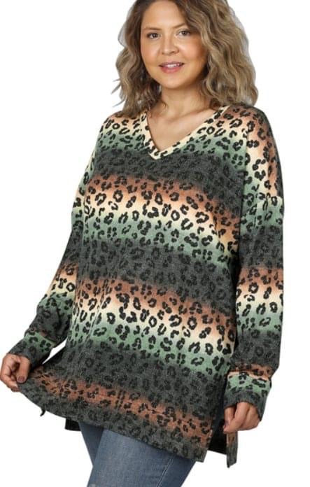 Plus Size Ally Leopard V-Neck Top Teal/Mocha