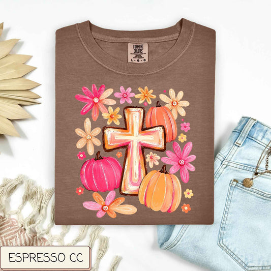 Flowers Pumpkins Cross Tee.