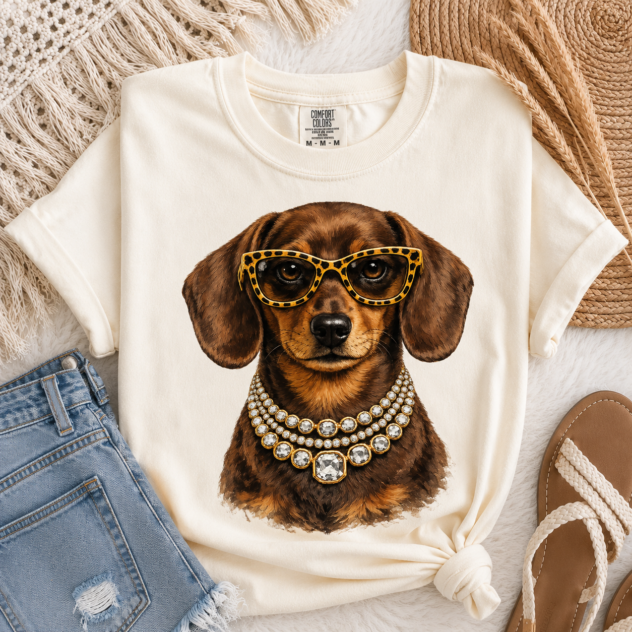 Rhinestone Necklace SH Brown Dachshund Tee.