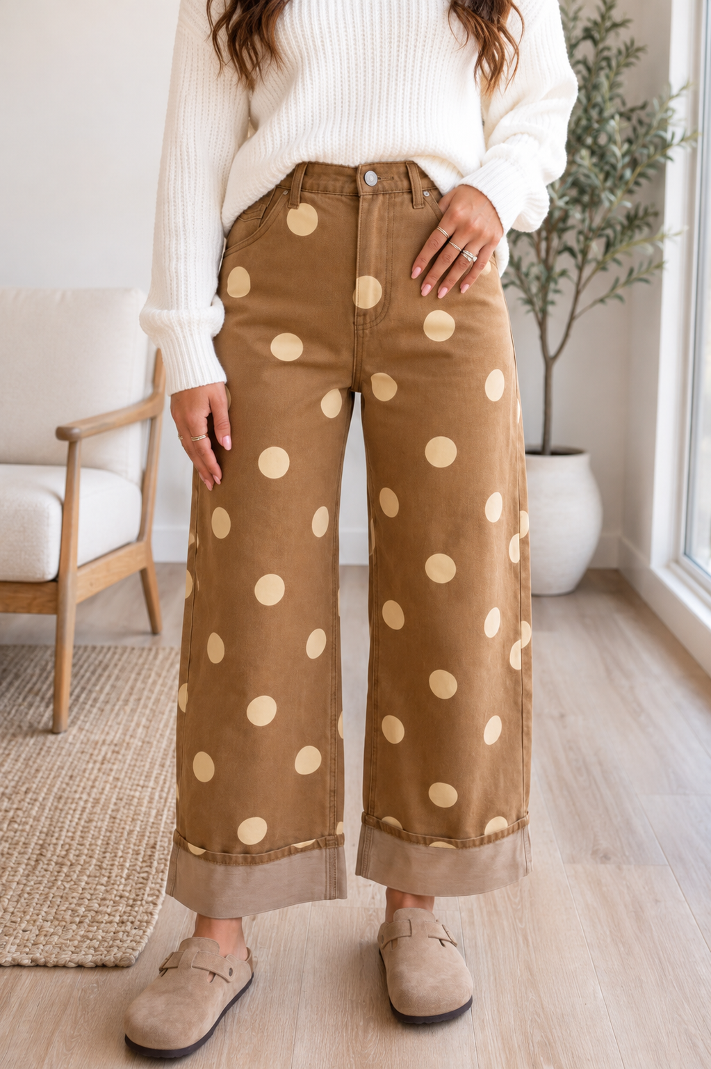 Brown Polka Dot Casual Jeans