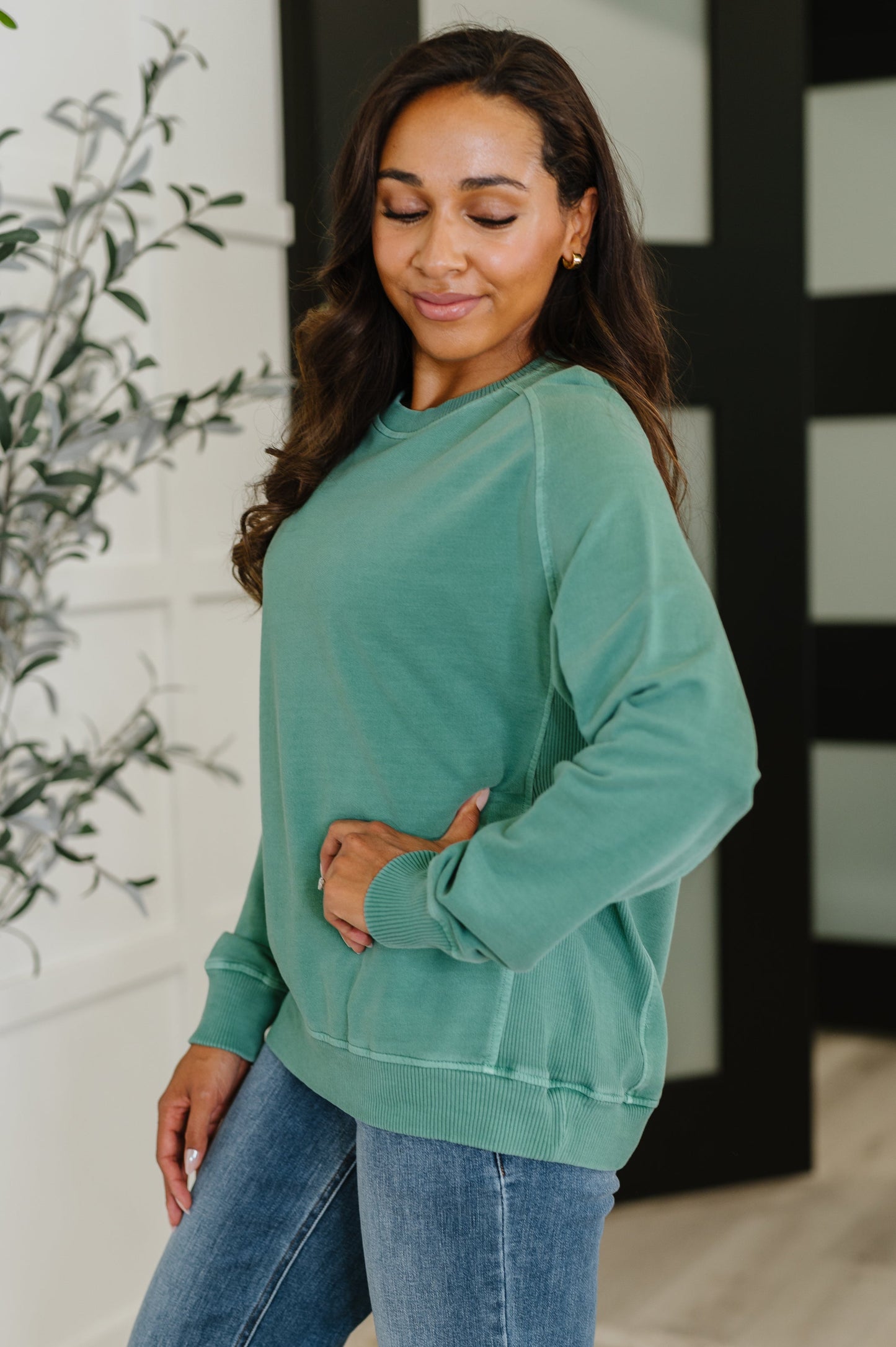 Daily Ease Mineral Wash Pullover in Dark Green