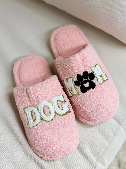 PREORDER: Dog Mom Embroidered Fuzzy Slippers