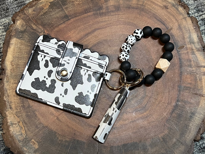 Wood Bangle Wristlet with Credit Card Holder - Cow Print