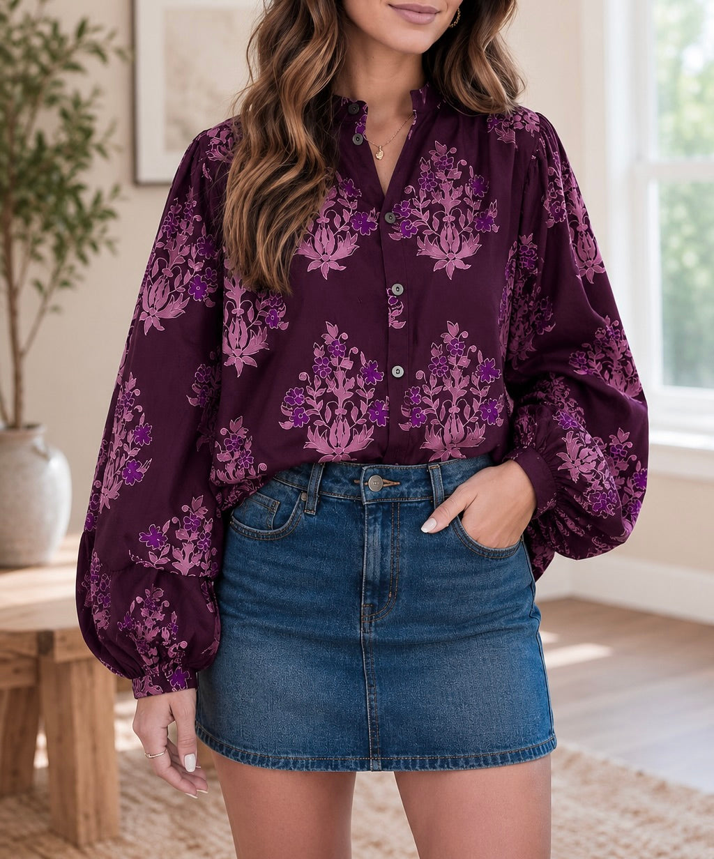 Purple Floral Button Blouse