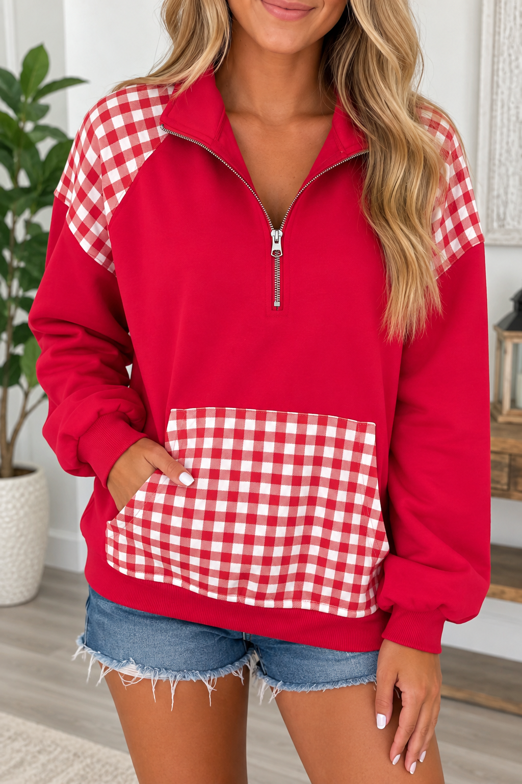 Green Patchwork Plaid Sweatshirt