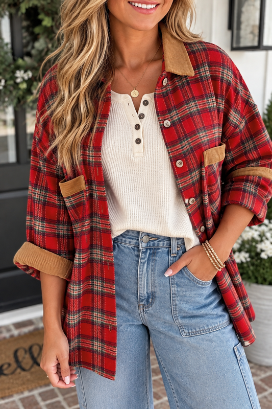 A woman wearing a red and black plaid flannel shirt jacket with tan corduroy collar, cuffs, and pocket flaps, layered over a cream ribbed henley top and light blue jeans.