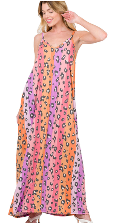 Misses Vertical Strip Leopard V-Neck Maxi Dress