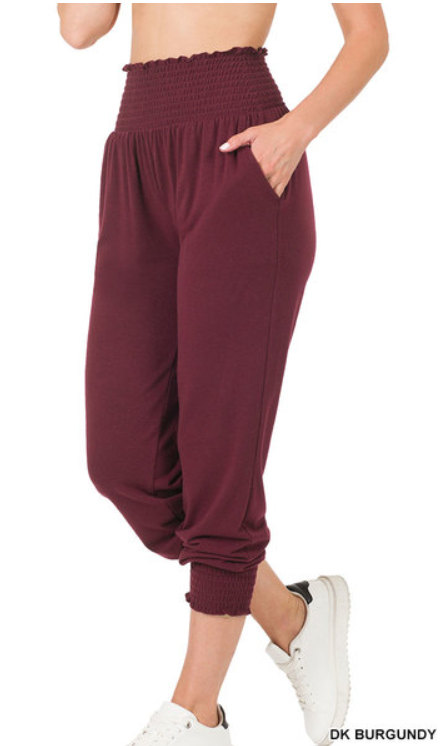Misses Dark Wine Smocked Waist Joggers with Side Pockets