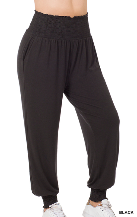 Plus Size Black Smocked Waist Joggers with Side Pockets