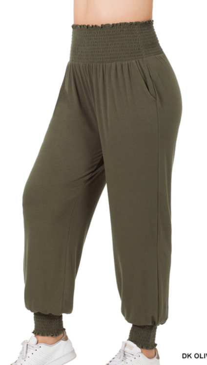 Plus Size Dark Green Smocked Waist Joggers with Side Pockets