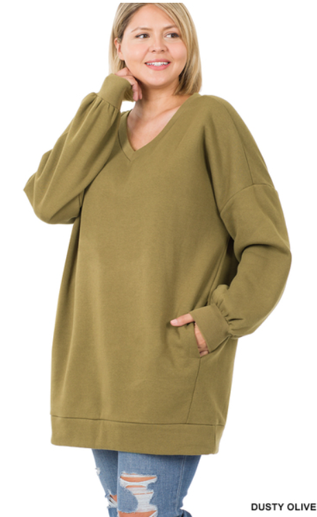Dusty Olive Oversized V-Neck Sweatshirt with Pockets - Plus