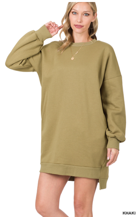 Khaki Hi-Low Round Neck Sweatshirt with Pockets