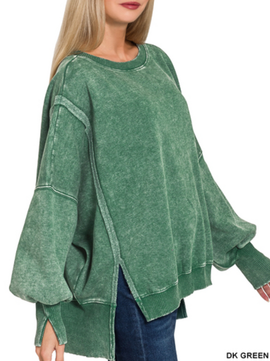 Dark Green Acid Washed Hi-Low Fleece Sweatshirt