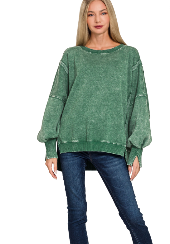 Dark Green Acid Washed Hi-Low Fleece Sweatshirt
