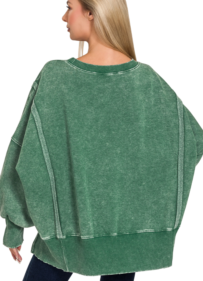 Dark Green Acid Washed Hi-Low Fleece Sweatshirt