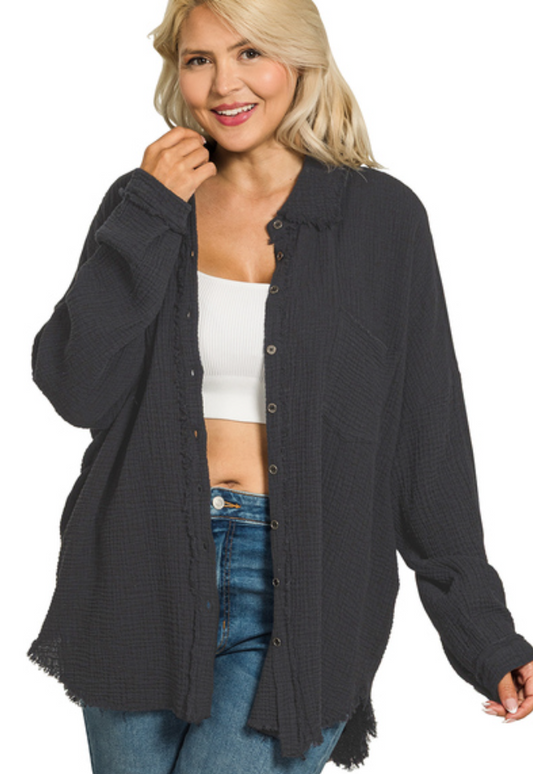 Black Plus Double Gauze Oversized Raw Edge Shirt