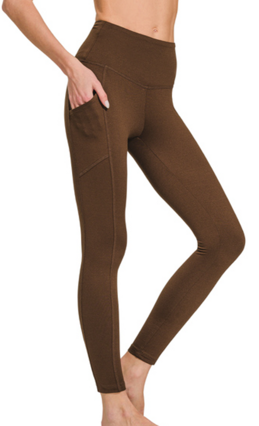 Brown Brushed Microfiber Full Length Pocket Leggings - Misses