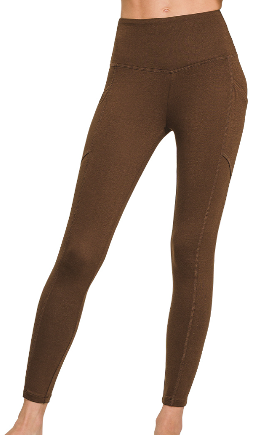 Brown Brushed Microfiber Full Length Pocket Leggings - Misses