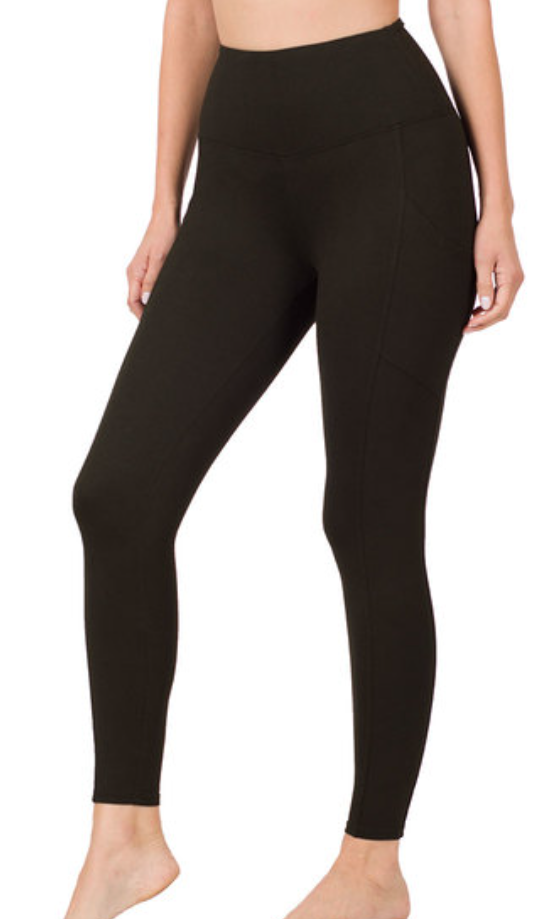 Black Brushed Microfiber Full Length Pocket Leggings - Plus