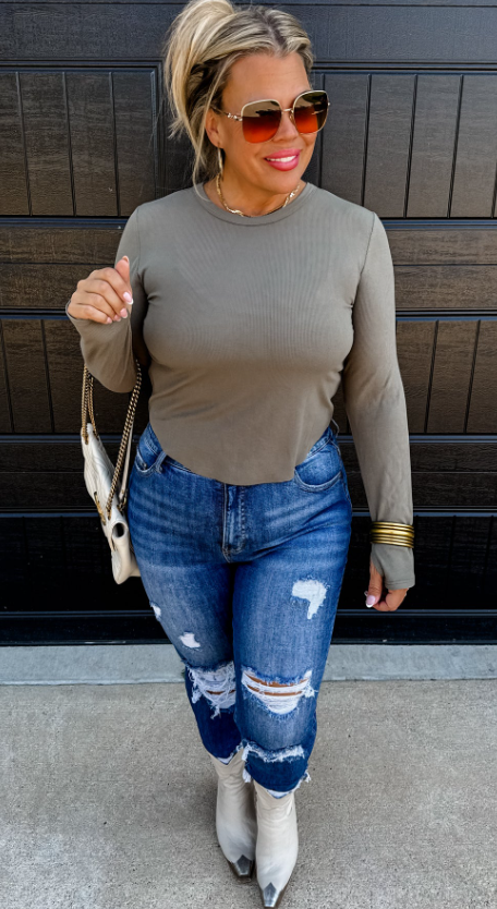 Elena Curve Hem Ribbed Olive Top by Blakeley