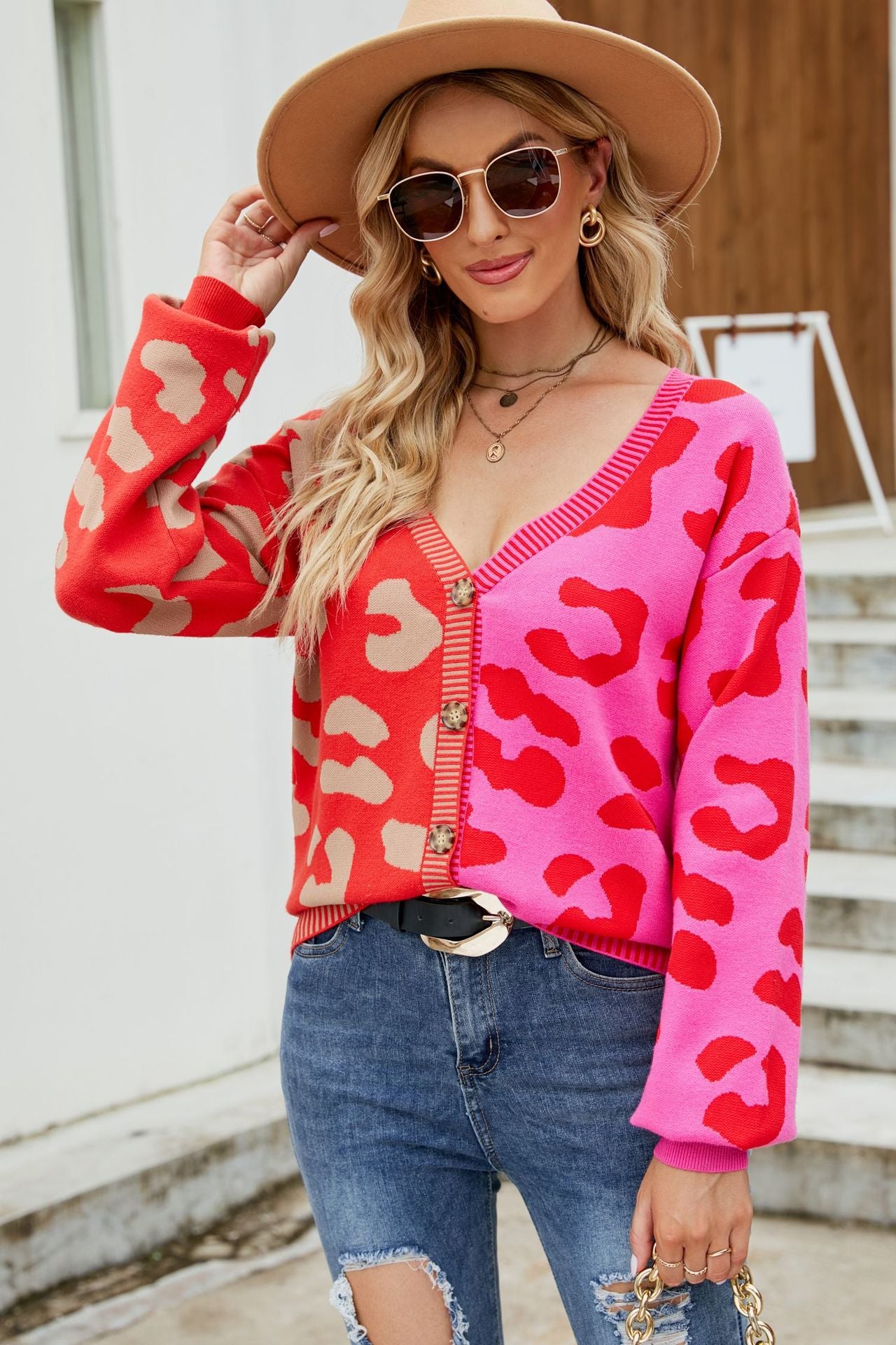 Two Toned Leopard Cardigan - Red/Pink