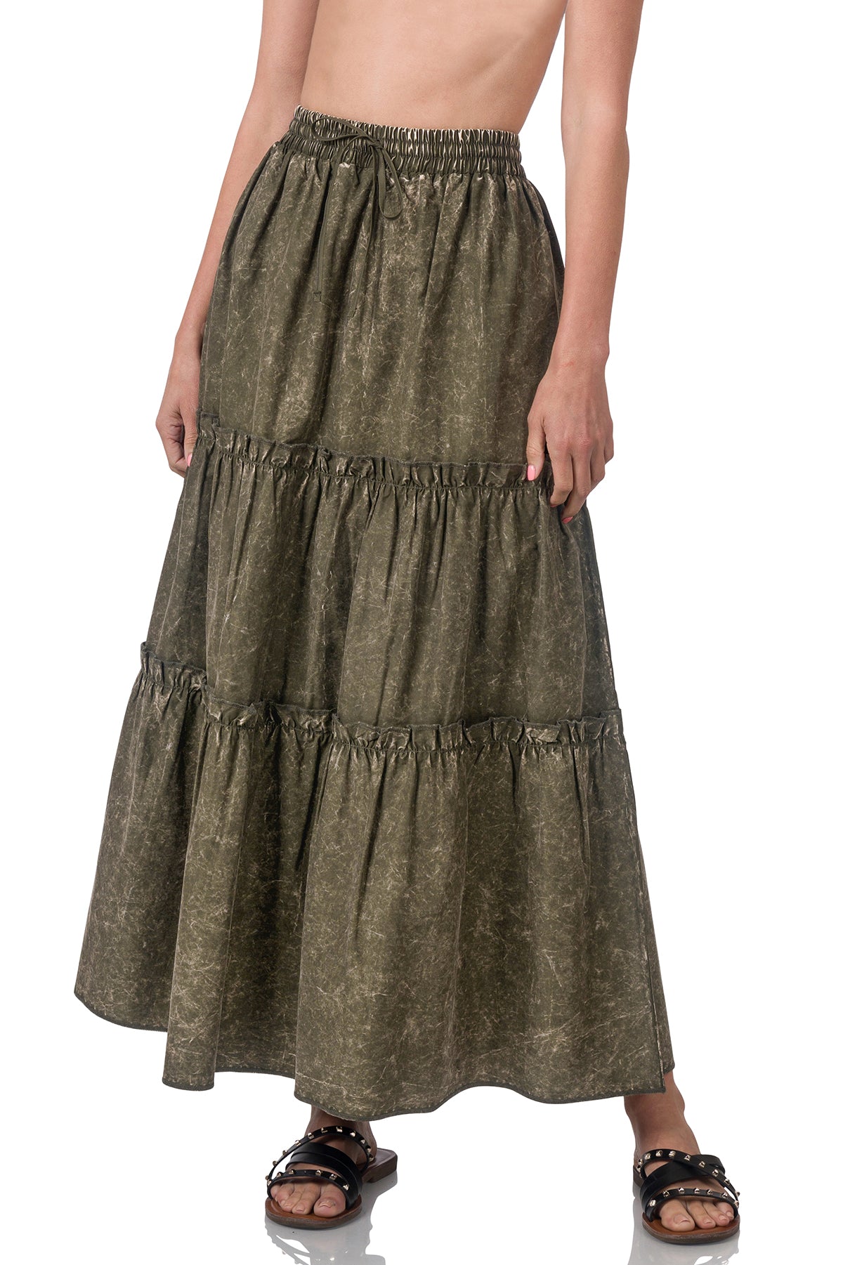 Acid Washed Dark Olive Tiered Maxi Skirt