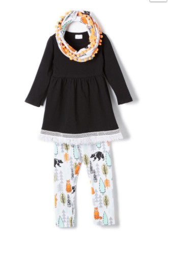 Toddler Black Woodland Set With Ruffle Top Leggings and Scarf - Babbling Brook