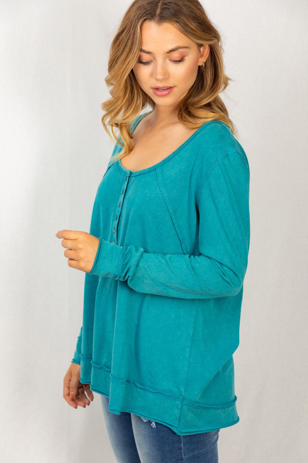 Teal Mineral Washed Relaxed Henley